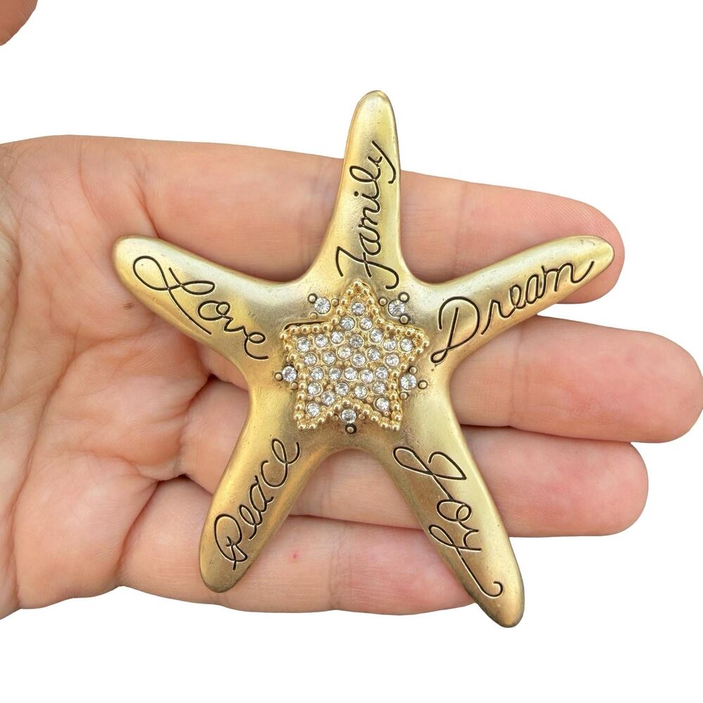 Vintage Chicos Gold tone Rhinestone Starfish brooch pin Pendant Love